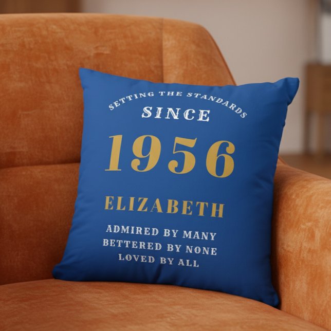 Cojín Decorativo 70th Birthday 1956 Add Name Blue Gold Personalized (1956 Throw pillow on an orange chair.)