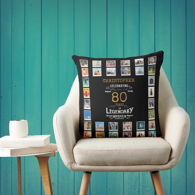 Cojín Decorativo 80.ª fama de oro negro (Personalized 80th birthday gift throw pillow with 32 photos of your choice)