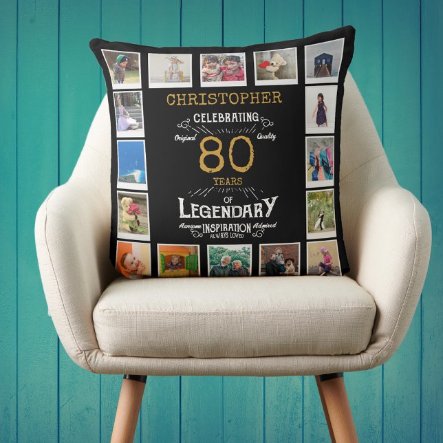 Cojín Decorativo 80.º Collage de fotos de oro negro (Personalized 80th birthday gift throw pillow with 16 photos of your choice.)