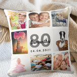 Cojín Decorativo 80.º collage de fotos de personalizados de cumplea<br><div class="desc">Un regalo único para una mujer que cumple 80 años, celebrando su vida con un collage de 8 fotos, fotos propias. Personaliza y agrega su nombre, edad 80 y fecha. Un fondo blanco moda. Letras y números grises y negros. El nombre está escrito con una escritura de estilo con letras...</div>