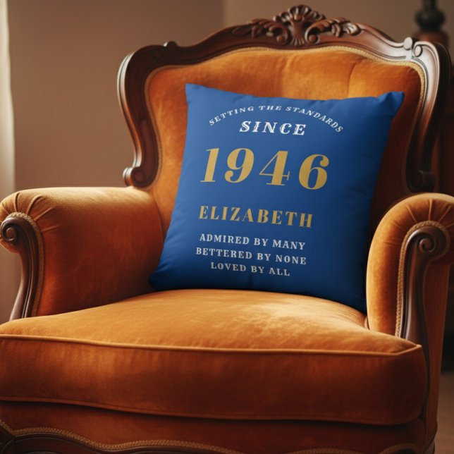 Cojín Decorativo 80th Birthday 1946 Add Name Blue Gold Personalized (1946 throw pillow on orange chair)