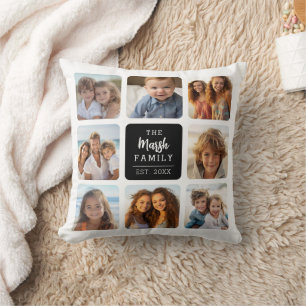 Cojín Decorativo 8 Colaje de Fotos con el Nombre de la Familia en e