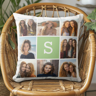 Cojín Decorativo 8 Colaje de Fotos - Monograma Verde Lima