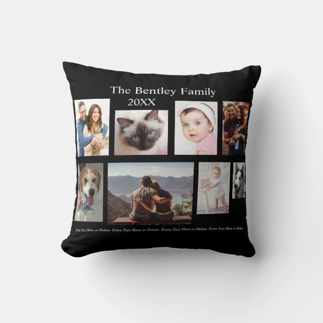Cojín Decorativo 8 fotos de familia, DIY nombre y año, negro (Anverso)