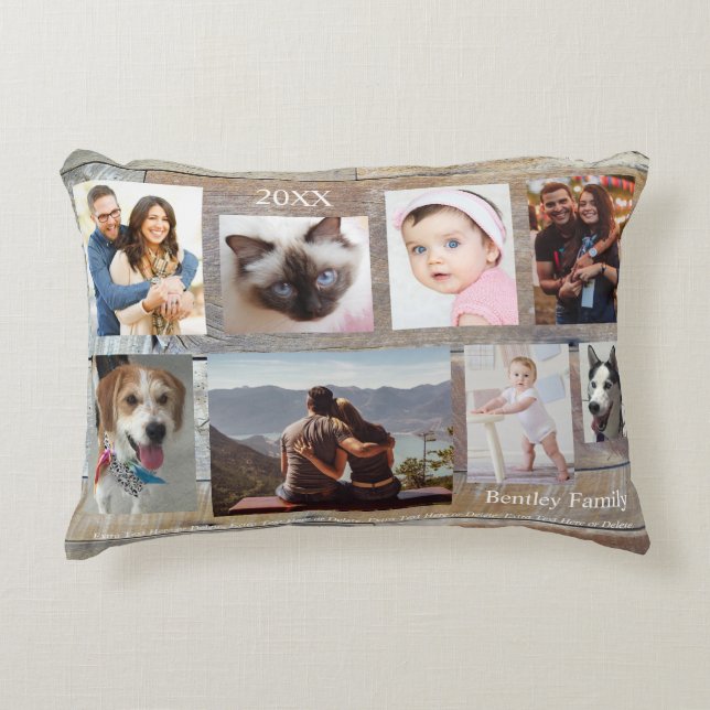 Cojín Decorativo 8 Fotos familiares, grano de madera, nombre y año (Anverso)