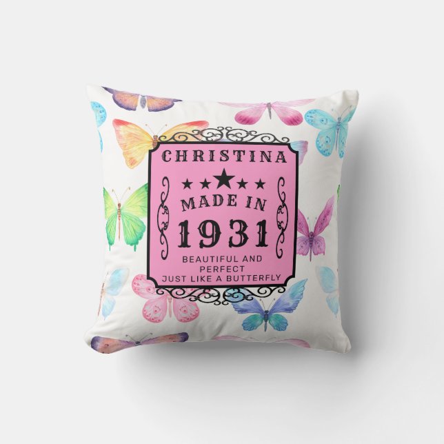 Cojín Decorativo 90 cumpleaños 1931 mariposa elegante personalizada (Anverso)