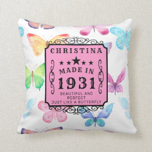 Cojín Decorativo 90 cumpleaños 1931 mariposa elegante personalizada
