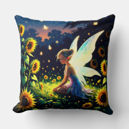 Cojín Decorativo A Fairy and Fireflies with Sunflower Background