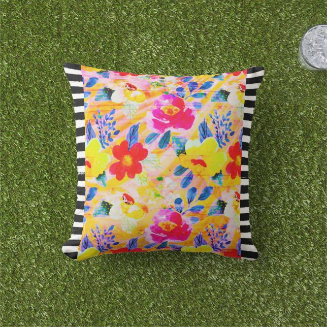 Cojín decorativo a rayas florales naranja (Césped)