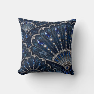 Cojín Decorativo Abanicos de encaje plateado azul zafiro