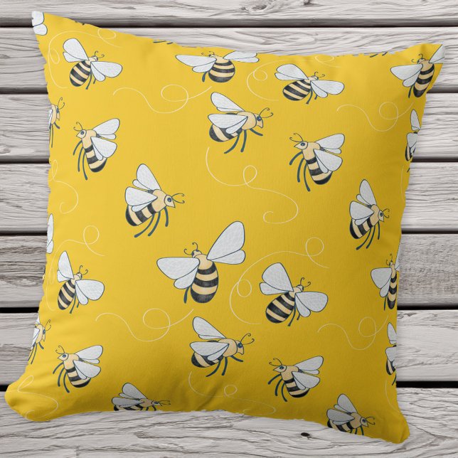 Cojín Decorativo Abeja amarillo (Sunshine yellow honey bee pattern throw pillow for nature and pollinator lovers!)