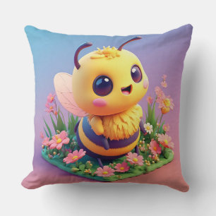 Cojín Decorativo Abeja de dibujos animados adorable rodeada de flor