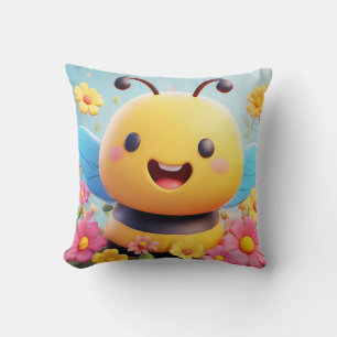 Cojín Decorativo Abeja de dibujos animados linda rodeada de flores 