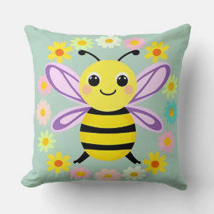 Cojín Decorativo Abeja de dibujos animados linda rodeada de flores 