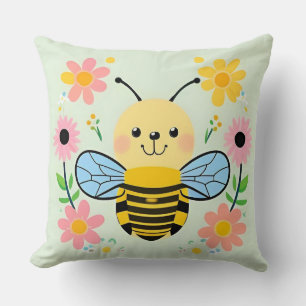 Cojín Decorativo Abeja de dibujos animados linda rodeada de flores