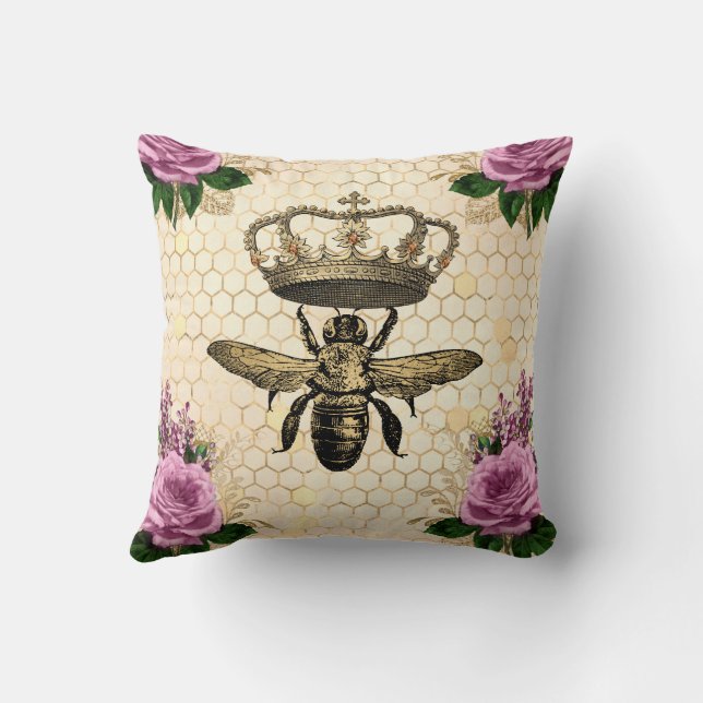 Cojín Decorativo Abeja reina con flores rosadas (Reverso)