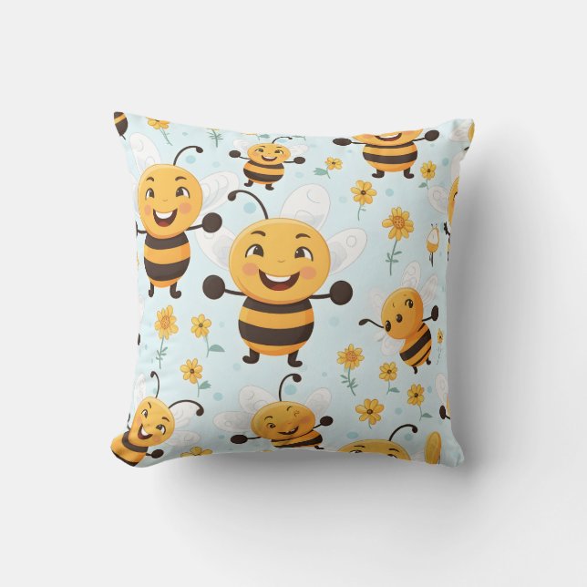 Cojín Decorativo Abeja voladora feliz con rayas amarillas y negras (Anverso)