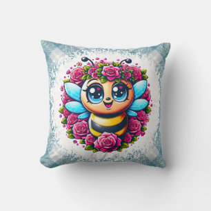 Cojín Decorativo Abeja Zumbando con Rosas Rosadas