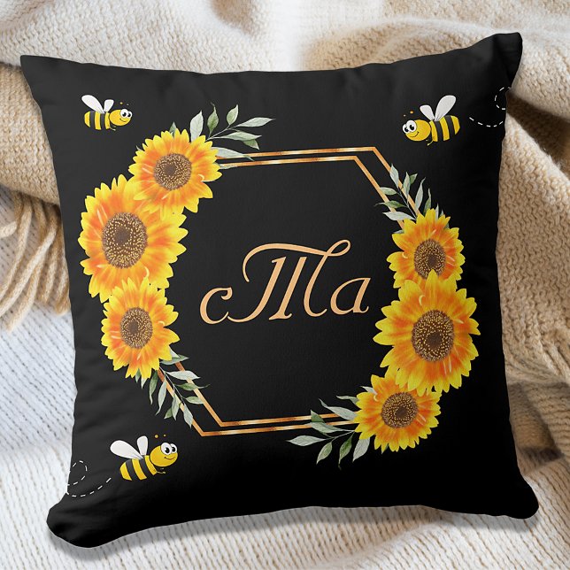 Cojín Decorativo Abejas de burbujas felices girasoles monograma par (Subido por el creador)