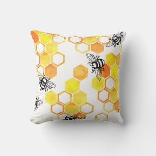 Cojín Decorativo Abejas de miel: Patrón de acuarela amarillo