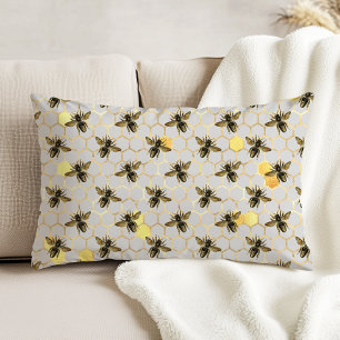 Cojín Decorativo Abejas en Patrón de Panal Amarillo Oro Gris