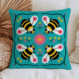 Cojín Decorativo Abejas Estilizadas Lindas en Arte Popular Floral A