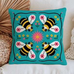 Cojín Decorativo Abejas Estilizadas Lindas en Arte Popular Floral A