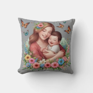 Cojín Decorativo Abrazo floral de madre y bebé con mariposas