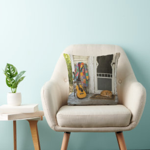 Cojín Decorativo Abrigo de Muchos Colores con Guitarra y Gato