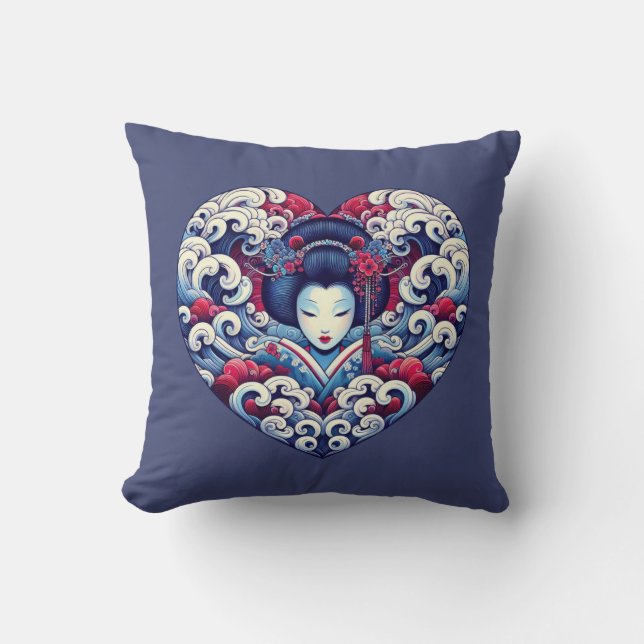 Cojín Decorativo abstracto azul oriental Geisha ondas corazón (Anverso)