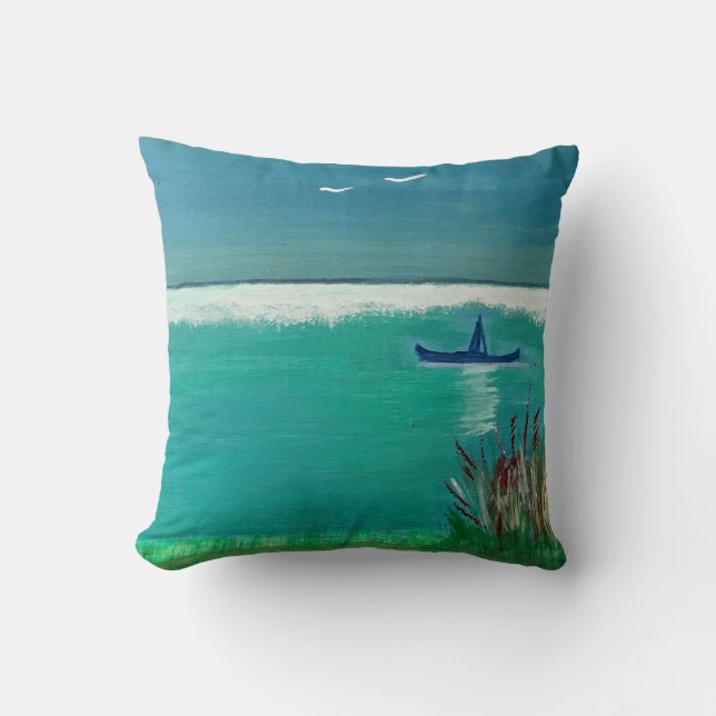 Cojín decorativo abstracto: capa marina con barco (Anverso)