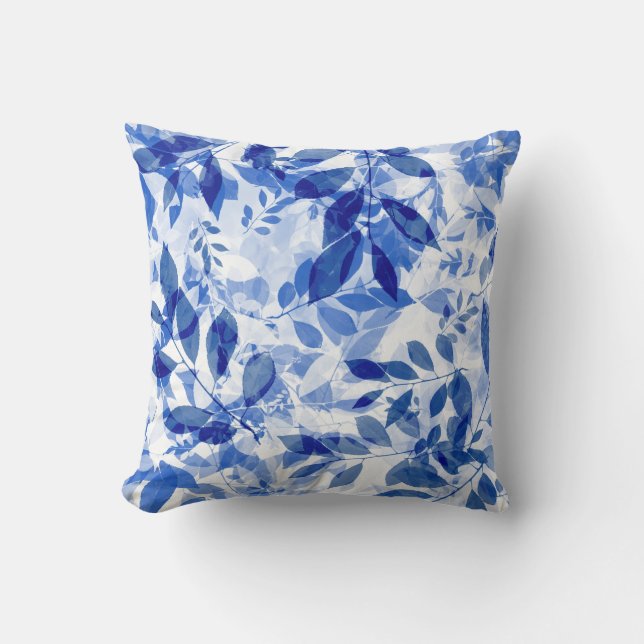 Cojín Decorativo Abstracto de hojas azules y blancas (Anverso)