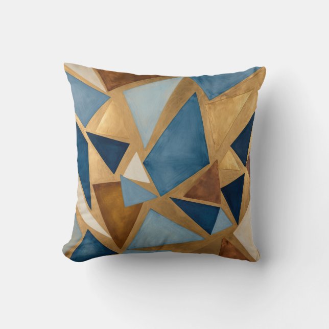 Cojín Decorativo abstracto geométrico de blues y metales (Anverso)