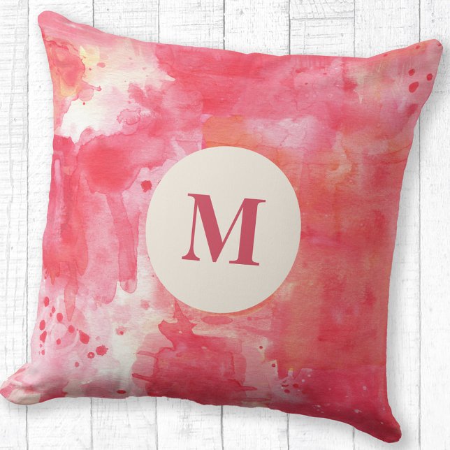 Cojín Decorativo Abstrato Monograma rosa acuarela (Modern monogram initial personalized pink abstract watercolor throw pillow)