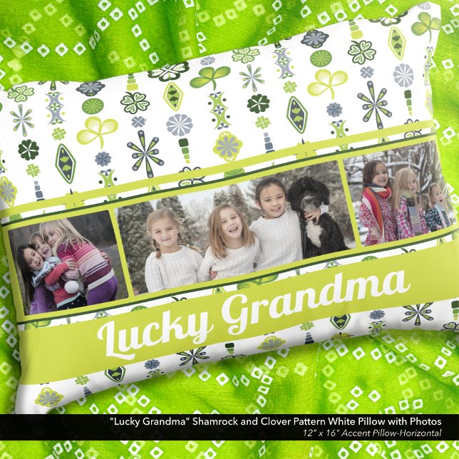 Cojín Decorativo "Abuela afortunada" Fotografía del patrón Shamrock ("Lucky Grandma" Shamrock and Clover Pattern Pillow: Personalize with six different photos)
