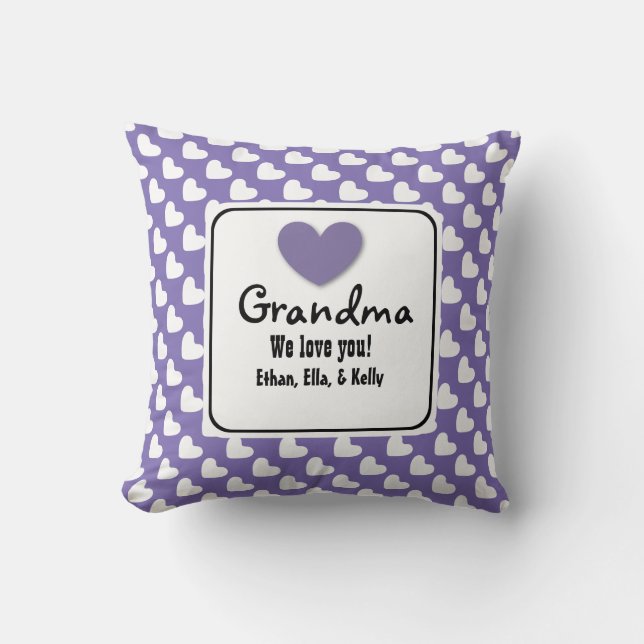 Cojín Decorativo ABUELA amamos los corazones púrpuras y blancos D06 (Anverso)