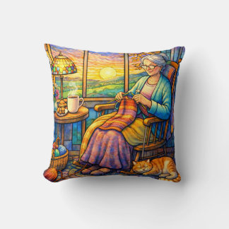 Cojín Decorativo Abuela de Vidrio Pintado Tejiendo, Gato y Hogar Ac