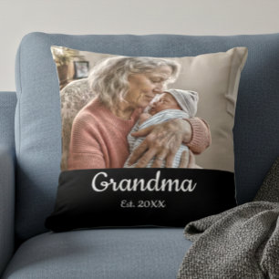 Cojín Decorativo Abuela Simple Script Año Est.Foto Negro