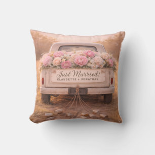 Cojín Decorativo Acaba de Casarse Camión Vintage Floral Rosa Boda