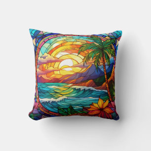 Cojín Decorativo acantilados tropicales arte de cristal manchado