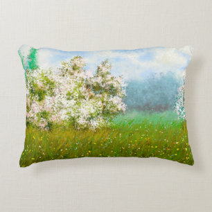 Cojín Decorativo Aceite pinta paisaje rural, flores en el suelo