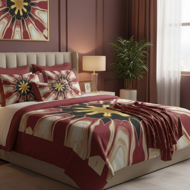 Cojín Decorativo Achempong: Starburst | Deep Crimson Cream Golden B (The final touch of tranquility: A lavish bed dressed with an Achempong custom duvet cover, layered)