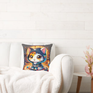 Cojín Decorativo Acogedor gato de jugador en una hoodie