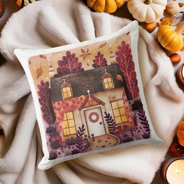 Cojín Decorativo Acogedora cabaña y hojas otoñales otoño (Cozy Cottage and Fall Autumn Leaves Throw Pillow)