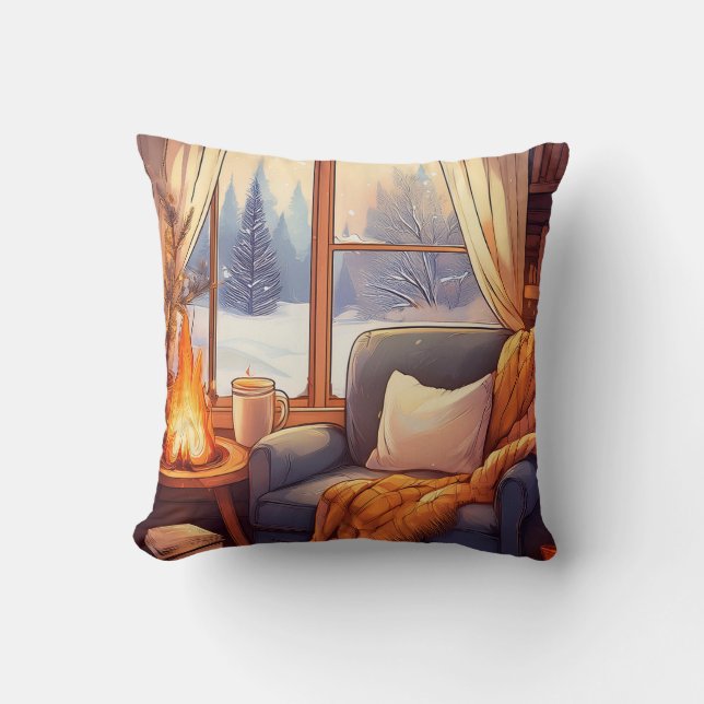 Cojín Decorativo Acogedora silla de invierno con chimenea, cálida e (Anverso)