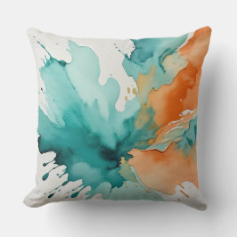 Cojín Decorativo acuarela abstracta turquesa y naranja