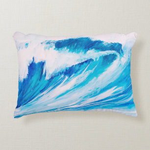 Cojín Decorativo acuarela alta olas oceánicas de color azul marino