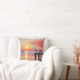 Cojín Decorativo Acuarela Amanecer Costero Con Egret
