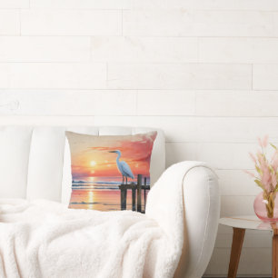 Cojín Decorativo Acuarela Amanecer Costero Con Egret
