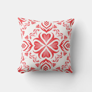 Cojín Decorativo acuarela arabesca roja: patrón ornamental.